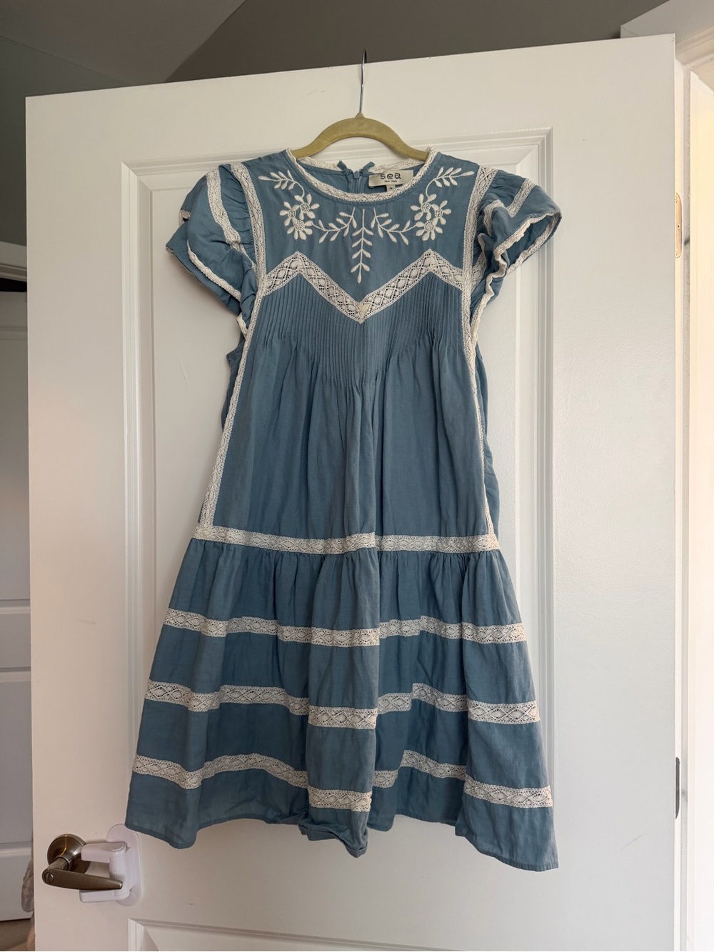 Sea New York Powder Blue Cotton Dress with White Floral Embroidery